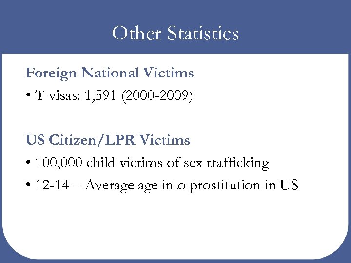 Other Statistics Foreign National Victims • T visas: 1, 591 (2000 -2009) US Citizen/LPR