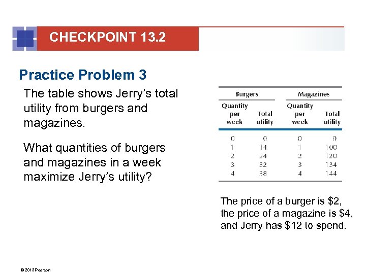 CHECKPOINT 13. 2 Practice Problem 3 The table shows Jerry’s total utility from burgers