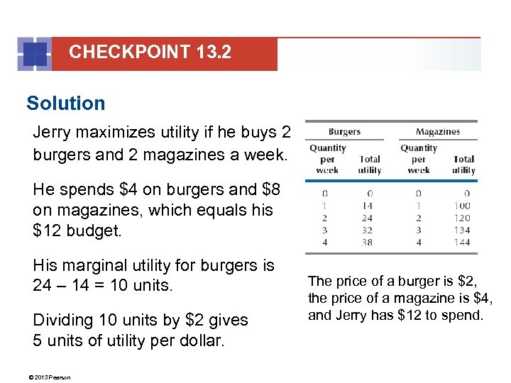 CHECKPOINT 13. 2 Solution Jerry maximizes utility if he buys 2 burgers and 2
