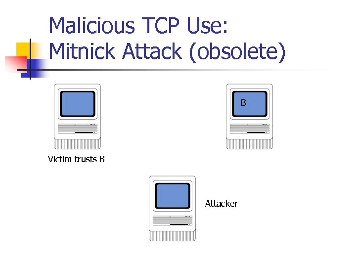 Malicious TCP Use: Mitnick Attack (obsolete) B Victim trusts B Attacker 