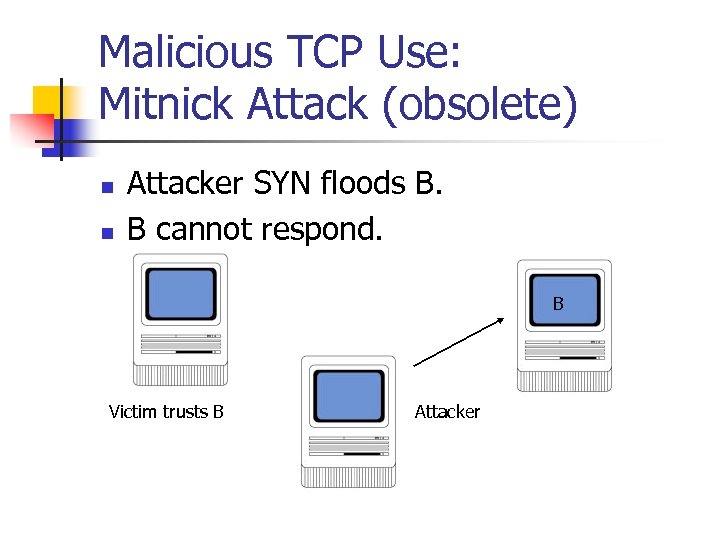 Malicious TCP Use: Mitnick Attack (obsolete) n n Attacker SYN floods B. B cannot