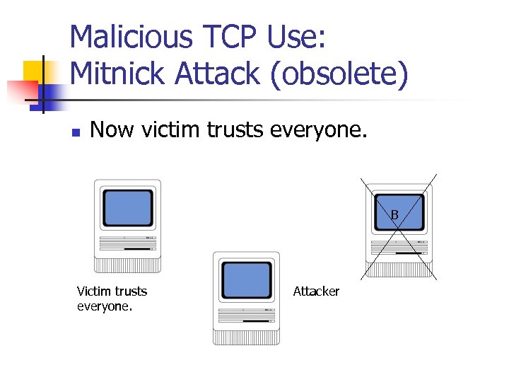 Malicious TCP Use: Mitnick Attack (obsolete) n Now victim trusts everyone. B Victim trusts