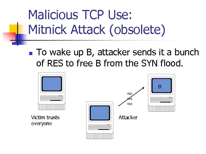 Malicious TCP Use: Mitnick Attack (obsolete) n To wake up B, attacker sends it