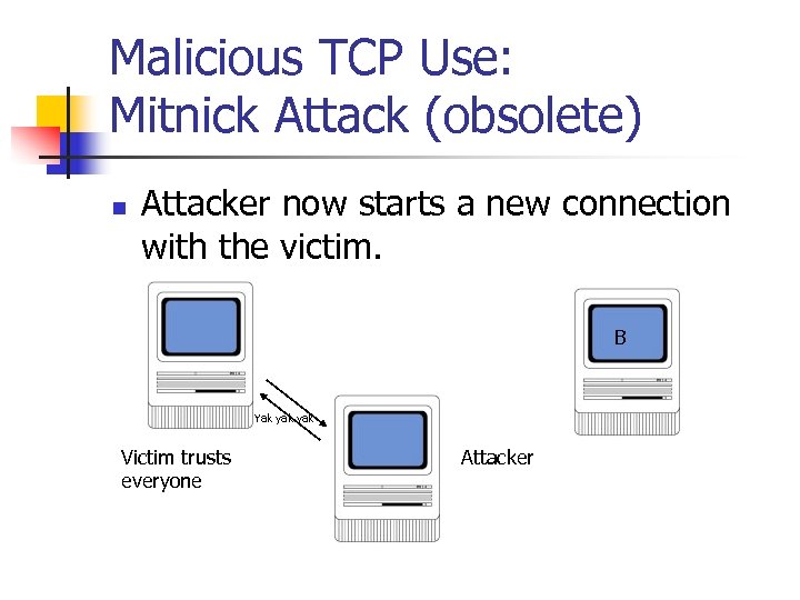 Malicious TCP Use: Mitnick Attack (obsolete) n Attacker now starts a new connection with