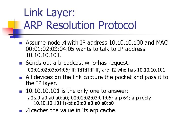 Link Layer: ARP Resolution Protocol n n Assume node A with IP address 10.