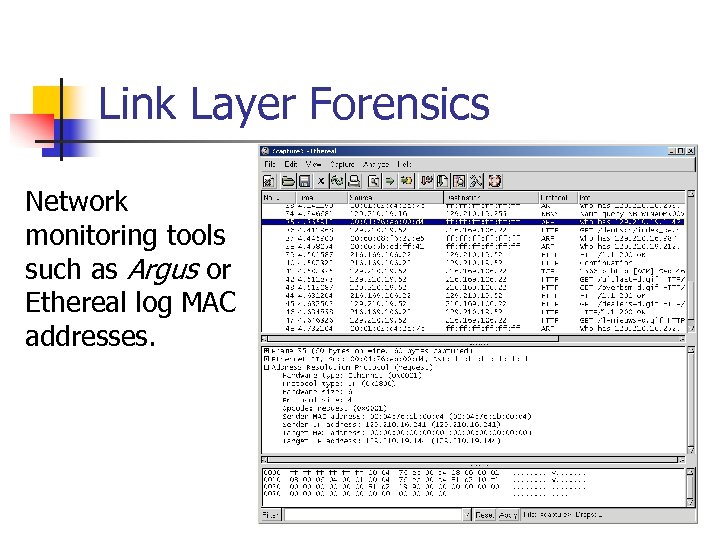 Link Layer Forensics Network monitoring tools such as Argus or Ethereal log MAC addresses.