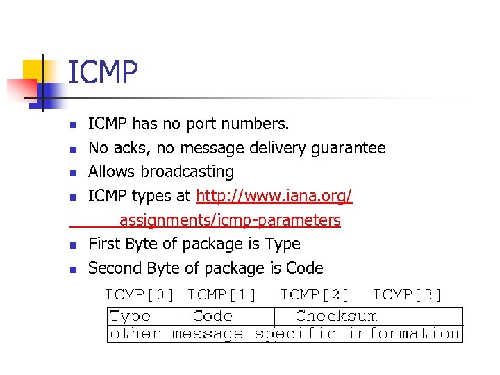 ICMP n n n ICMP has no port numbers. No acks, no message delivery