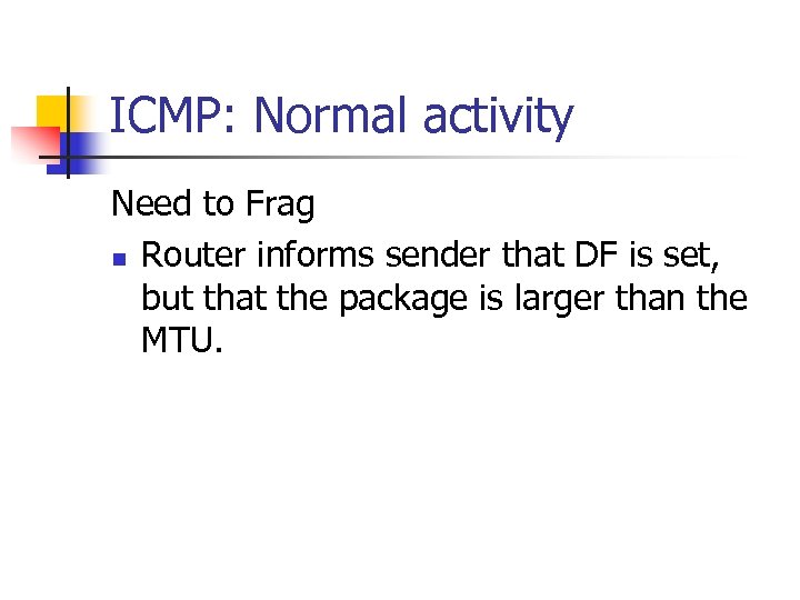 ICMP: Normal activity Need to Frag n Router informs sender that DF is set,