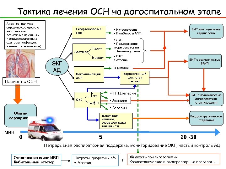 Тактика лечения ОСН на догоспитальном этапе Анамнез: наличие сердечно-сосудистого заболевания, возможные причины и предрасполагающие