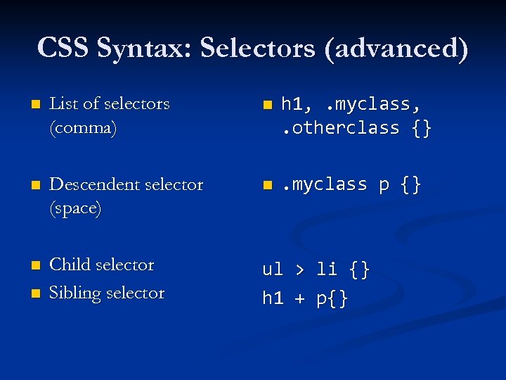 CSS Syntax: Selectors (advanced) n List of selectors (comma) n h 1, . myclass,