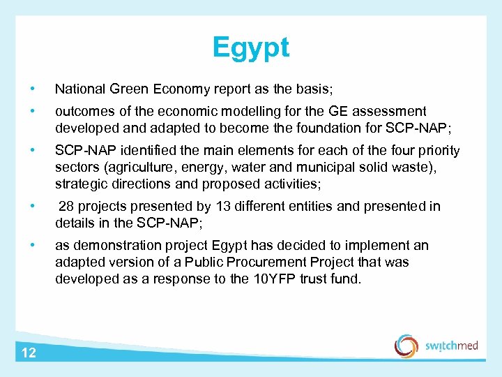 Egypt • National Green Economy report as the basis; • outcomes of the economic