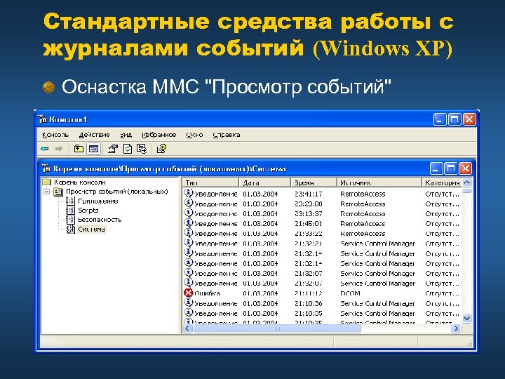 Стандартные средства работы с журналами событий (Windows XP) Оснастка MMC "Просмотр событий" 