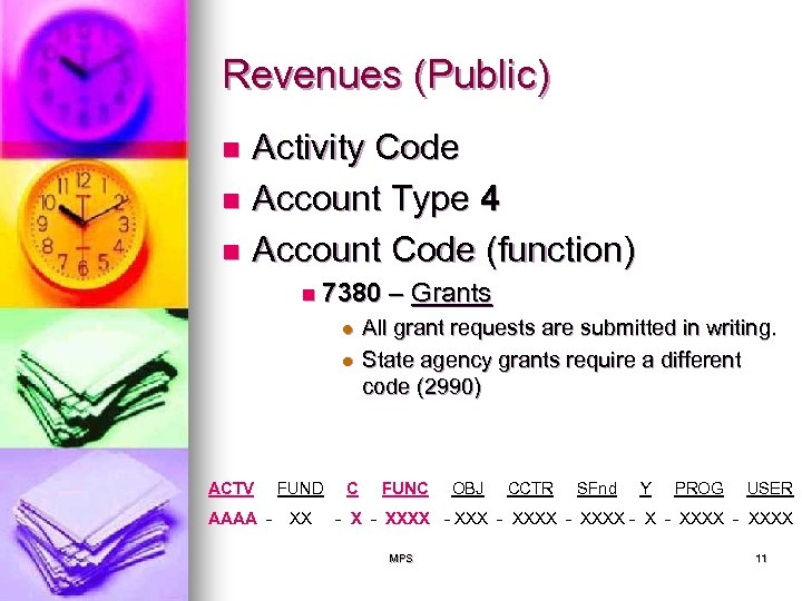 Revenues (Public) Activity Code n Account Type 4 n Account Code (function) n n