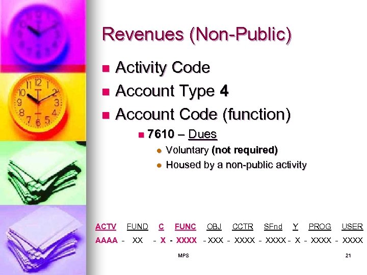 Revenues (Non-Public) Activity Code n Account Type 4 n Account Code (function) n n