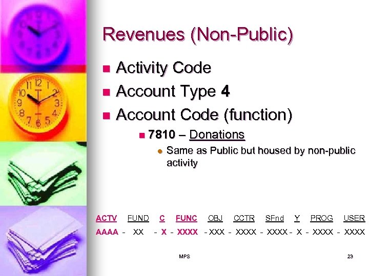 Revenues (Non-Public) Activity Code n Account Type 4 n Account Code (function) n n