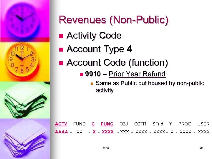 Revenues (Non-Public) Activity Code n Account Type 4 n Account Code (function) n n