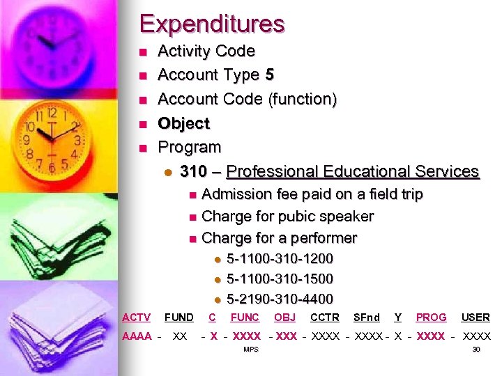 Expenditures n n n Activity Code Account Type 5 Account Code (function) Object Program