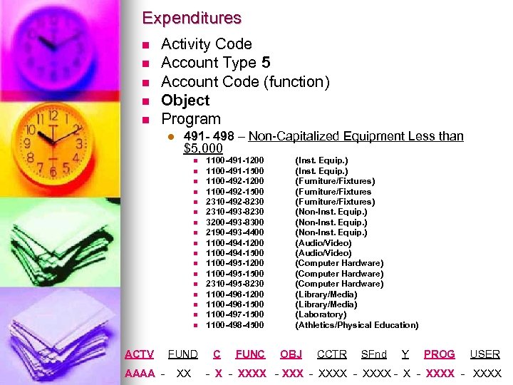 Expenditures n n n Activity Code Account Type 5 Account Code (function) Object Program