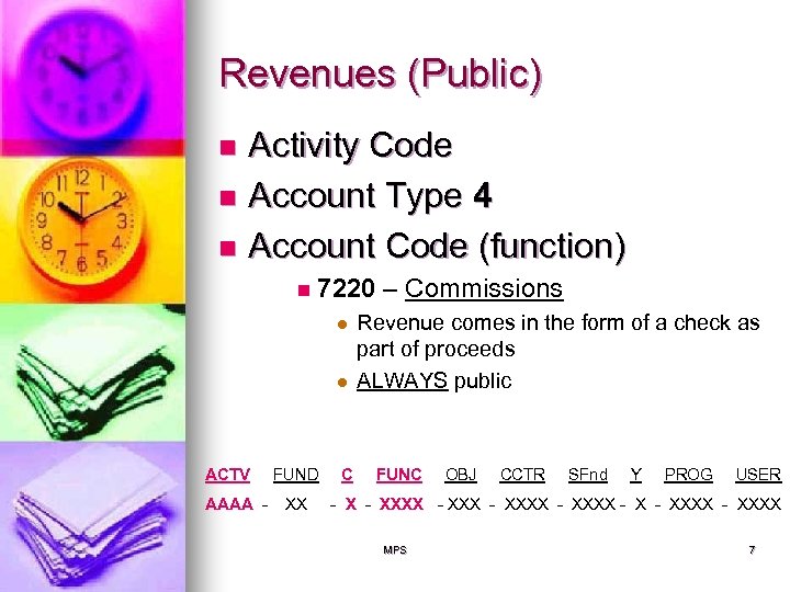 Revenues (Public) Activity Code n Account Type 4 n Account Code (function) n n