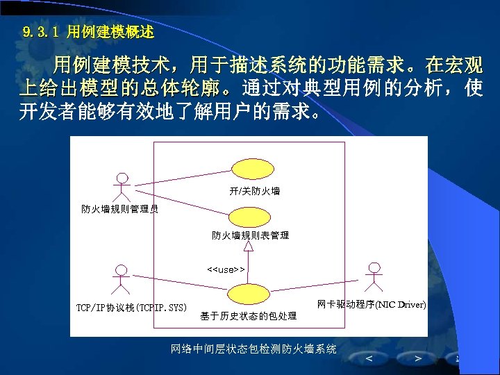 9. 3. 1 用例建模概述 用例建模技术，用于描述系统的功能需求。在宏观 上 给 出 模 型 的 总 体 轮
