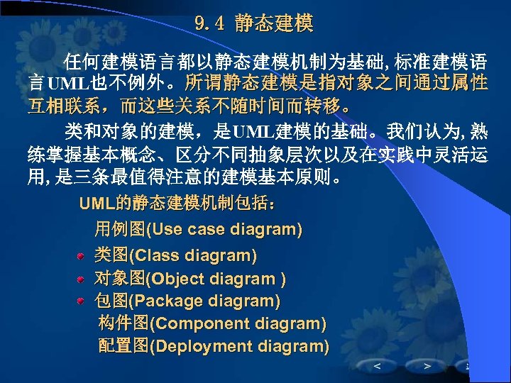 9. 4 静态建模 　　 任何建模语言都以静态建模机制为基础, 标准建模语 言UML也不例外。 所 谓 静 态 建 模 是