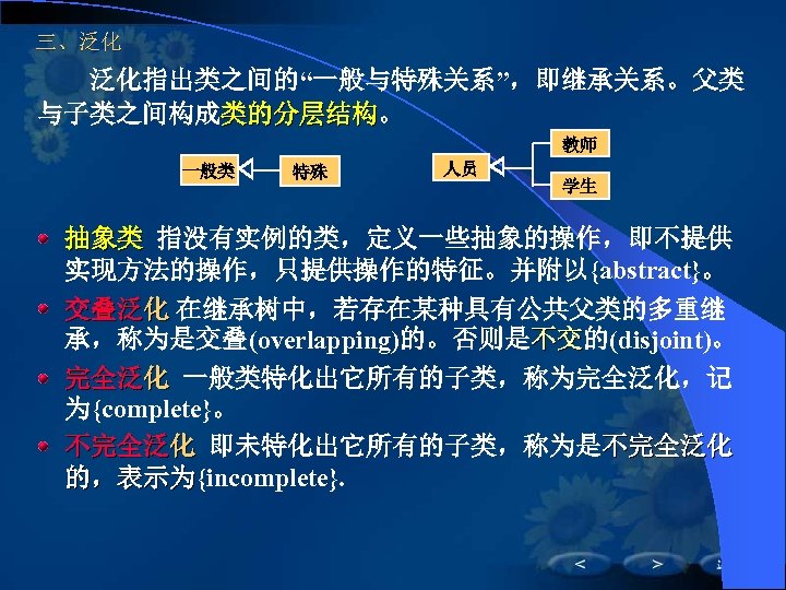 三、泛化 泛化指出类之间的“一般与特殊关系”，即继承关系。父类 与子类之间构成类的分层结构。 类的分层结构 教师 一般类 特殊 人员 学生 抽象类 指没有实例的类，定义一些抽象的操作，即不提供 实现方法的操作，只提供操作的特征。并附以{abstract}。 交叠泛化 在继承树中，若存在某种具有公共父类的多重继