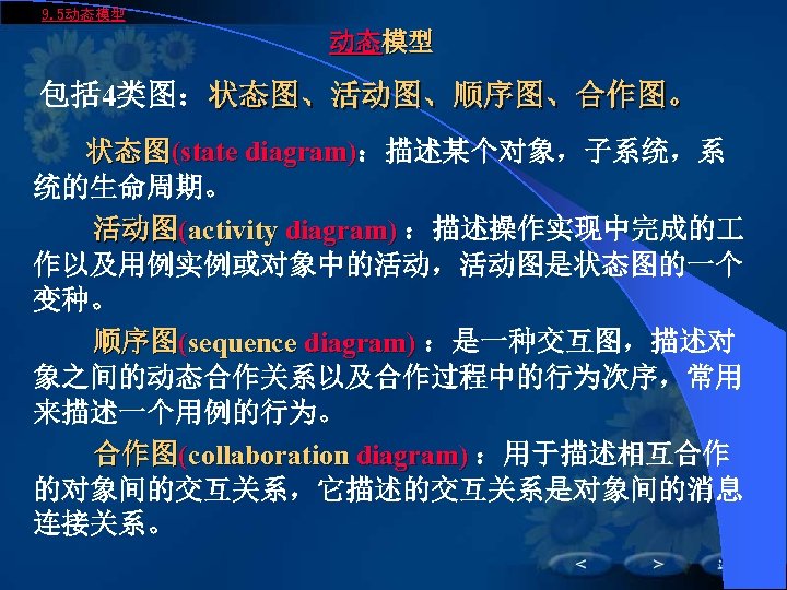 9. 5动态模型 包括 4类图：状态图、活动图、顺序图、合作图。 状态图(state diagram)：描述某个对象，子系统，系 diagram) 统的生命周期。 活动图(activity diagram) ：描述操作实现中完成的 作以及用例实例或对象中的活动，活动图是状态图的一个 变种。 顺序图(sequence