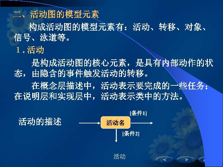 二、活动图的模型元素 　　构成活动图的模型元素有：活动、转移、对象、 信号、泳道等。 １. 活动 　　是构成活动图的核心元素，是具有内部动作的状 态，由隐含的事件触发活动的转移。 　　在概念层描述中，活动表示要完成的一些任务； 在说明层和实现层中，活动表示类中的方法。 [条件 1] 活动的描述 活动名 [条件