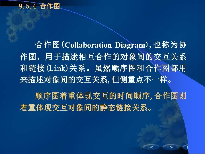 9. 5. 4 合作图(Collaboration Diagram), 也称为协 作图，用于描述相互合作的对象间的交互关系 和链接(Link)关系。虽然顺序图和合作图都用 来描述对象间的交互关系, 但侧重点不一样。 顺序图着重体现交互的时间顺序, 合作图则 着重体现交互对象间的静态链接关系。 