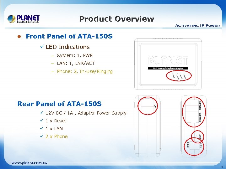 Product Overview l Front Panel of ATA-150 S ü LED Indications – System: 1,