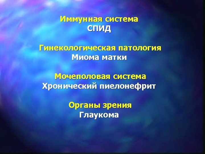 Иммунная система СПИД Гинекологическая патология Миома матки Мочеполовая система Хронический пиелонефрит Органы зрения Глаукома