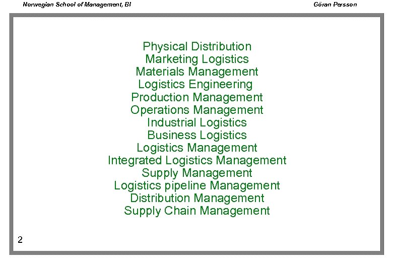 Norwegian School of Management, BI Physical Distribution Marketing Logistics Materials Management Logistics Engineering Production