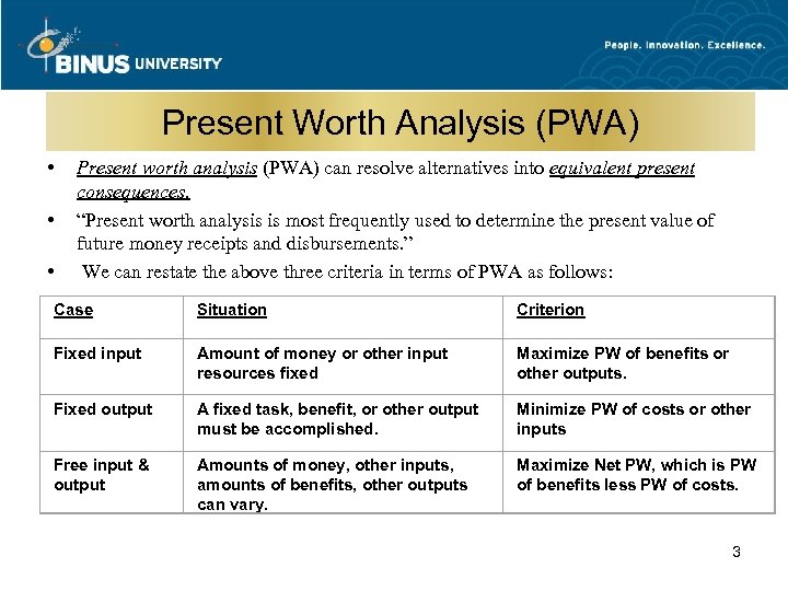 Present Worth Analysis (PWA) • • • Present worth analysis (PWA) can resolve alternatives