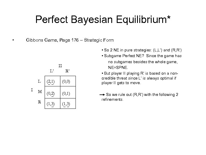 Perfect Bayesian Equilibrium* • Gibbons Game, Page 176 – Strategic Form II L’ L