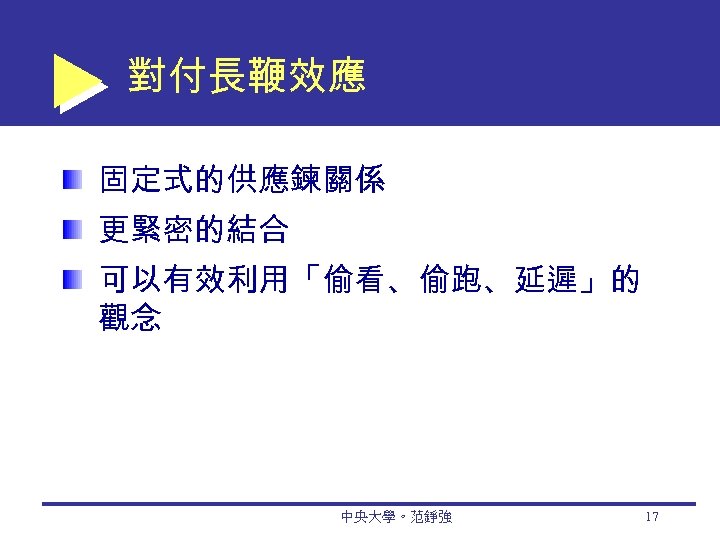 對付長鞭效應 固定式的供應鍊關係 更緊密的結合 可以有效利用「偷看、偷跑、延遲」的 觀念 中央大學。范錚強 17 