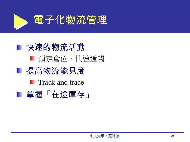 電子化物流管理 快速的物流活動 預定倉位、快速通關 提高物流能見度 Track and trace 掌握「在途庫存」 中央大學。范錚強 30 