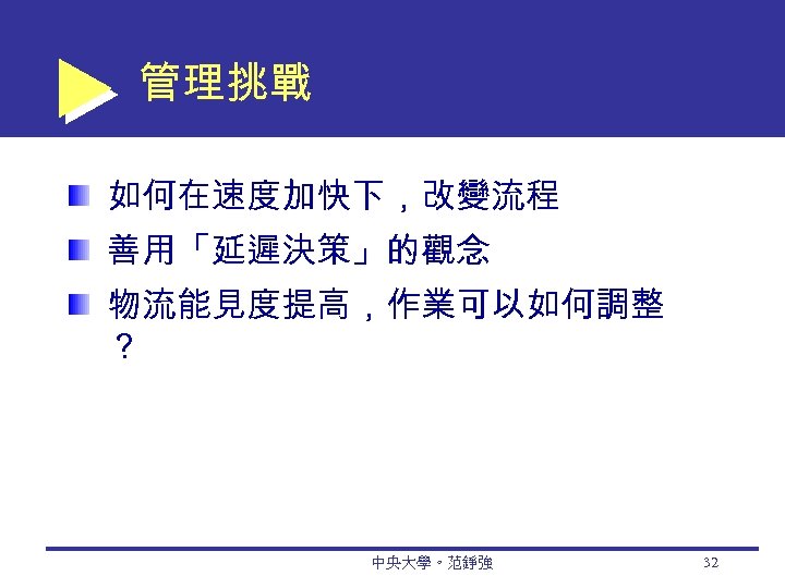 管理挑戰 如何在速度加快下，改變流程 善用「延遲決策」的觀念 物流能見度提高，作業可以如何調整 ？ 中央大學。范錚強 32 