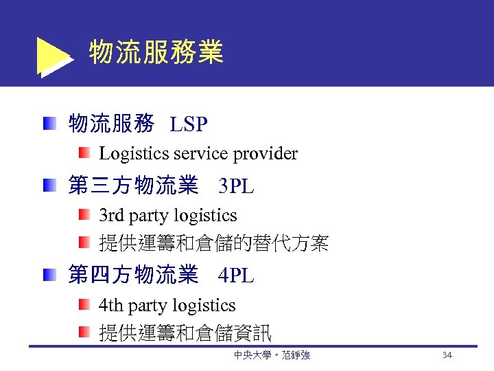 物流服務業 物流服務 LSP Logistics service provider 第三方物流業 3 PL 3 rd party logistics 提供運籌和倉儲的替代方案