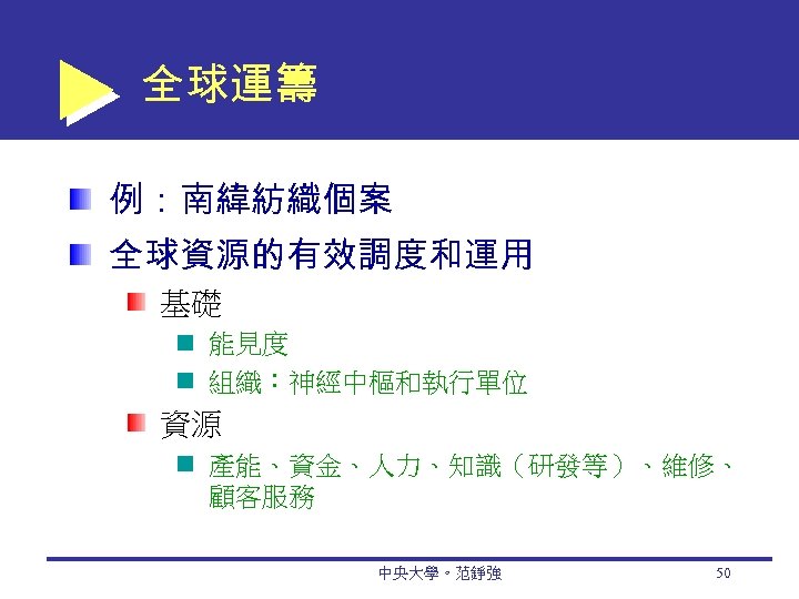 全球運籌 例：南緯紡織個案 全球資源的有效調度和運用 基礎 能見度 組織：神經中樞和執行單位 資源 產能、資金、人力、知識（研發等）、維修、 顧客服務 中央大學。范錚強 50 