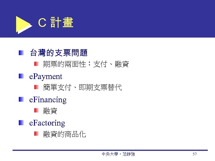 C 計畫 台灣的支票問題 期票的兩面性：支付、融資 e. Payment 簡單支付、即期支票替代 e. Financing 融資 e. Factoring 融資的商品化 中央大學。范錚強