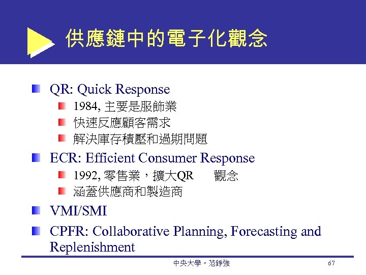 供應鏈中的電子化觀念 QR: Quick Response 1984, 主要是服飾業 快速反應顧客需求 解決庫存積壓和過期問題 ECR: Efficient Consumer Response 1992, 零售業，擴大QR