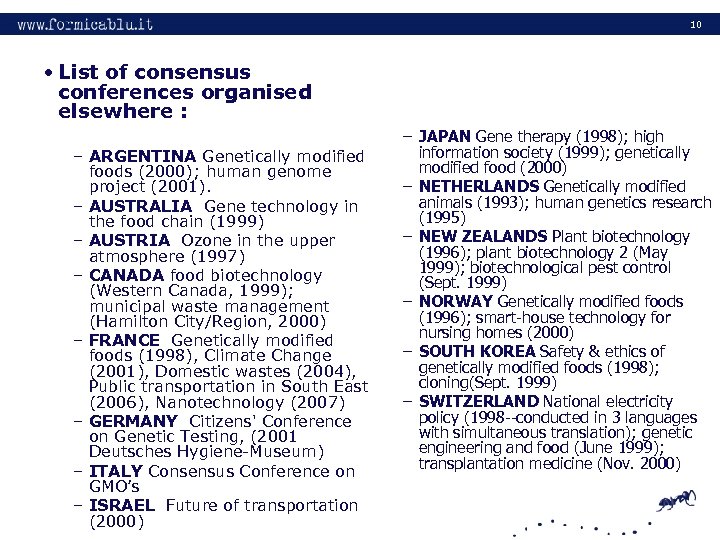 10 • List of consensus conferences organised elsewhere : – ARGENTINA Genetically modified foods