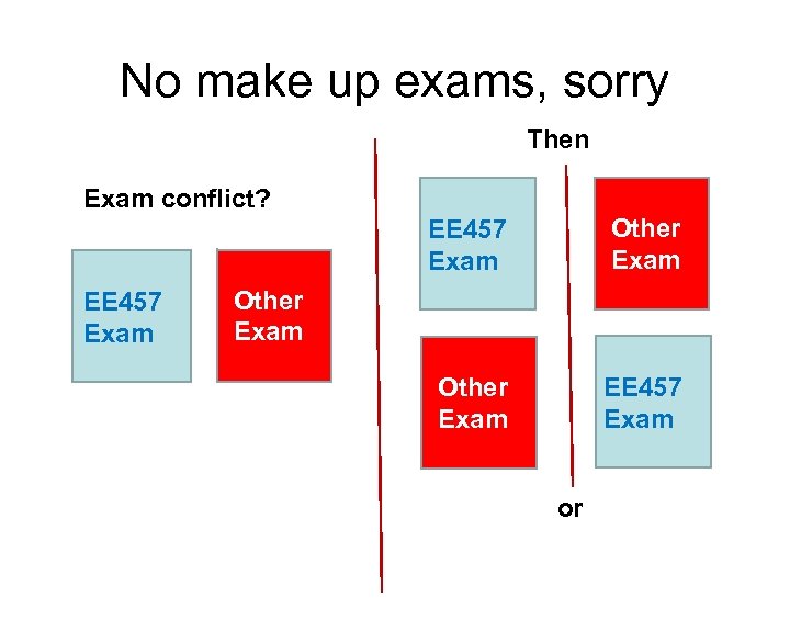 No make up exams, sorry Then Exam conflict? EE 457 Exam Other Exam or