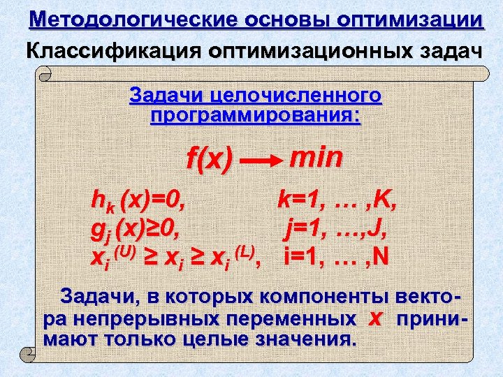 Методологические основы оптимизации Классификация оптимизационных задач Задачи целочисленного программирования: f(x) hk (x)=0, gj (x)≥