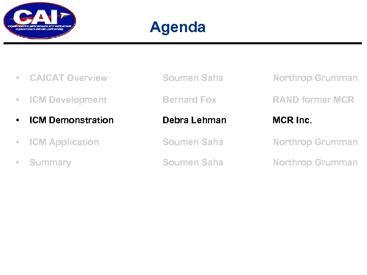 Agenda • CAICAT Overview Soumen Saha Northrop Grumman • ICM Development Bernard Fox RAND
