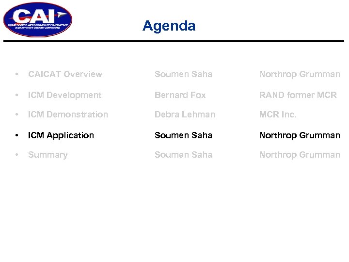 Agenda • CAICAT Overview Soumen Saha Northrop Grumman • ICM Development Bernard Fox RAND
