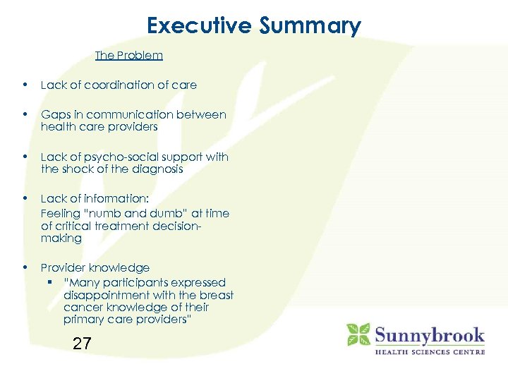 Executive Summary The Problem • Lack of coordination of care • Gaps in communication