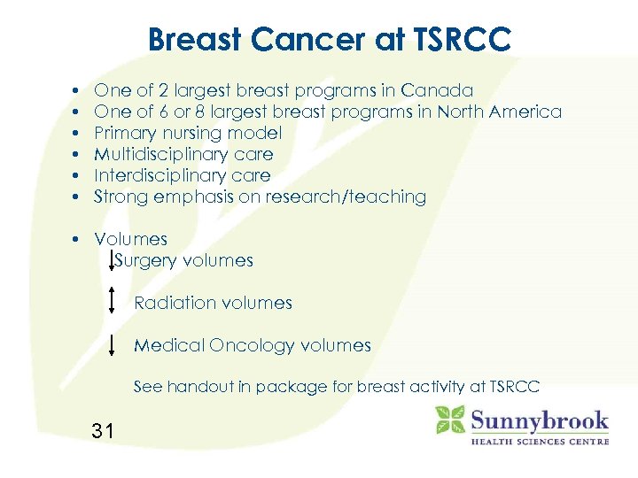 Breast Cancer at TSRCC • • • One of 2 largest breast programs in