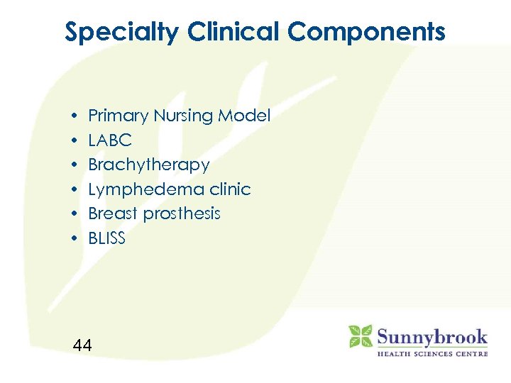 Specialty Clinical Components • • • Primary Nursing Model LABC Brachytherapy Lymphedema clinic Breast
