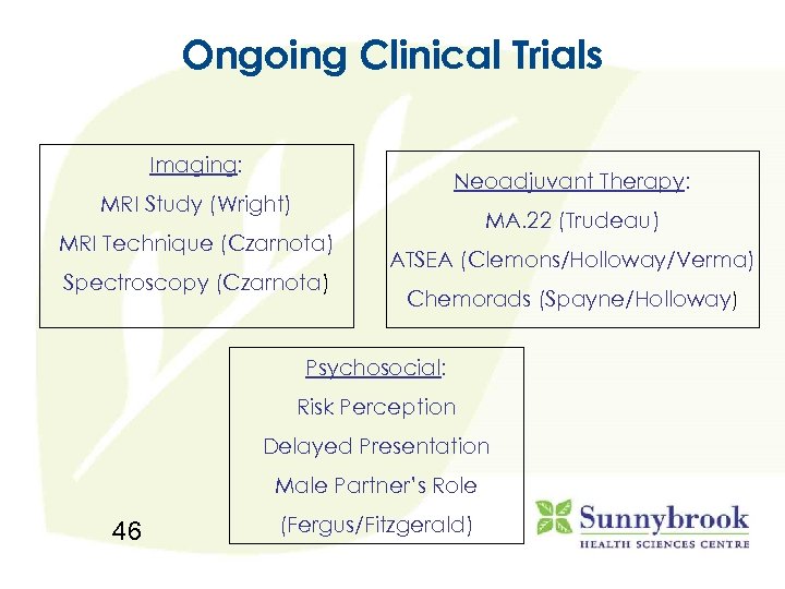 Ongoing Clinical Trials Imaging: Neoadjuvant Therapy: MRI Study (Wright) MRI Technique (Czarnota) Spectroscopy (Czarnota)